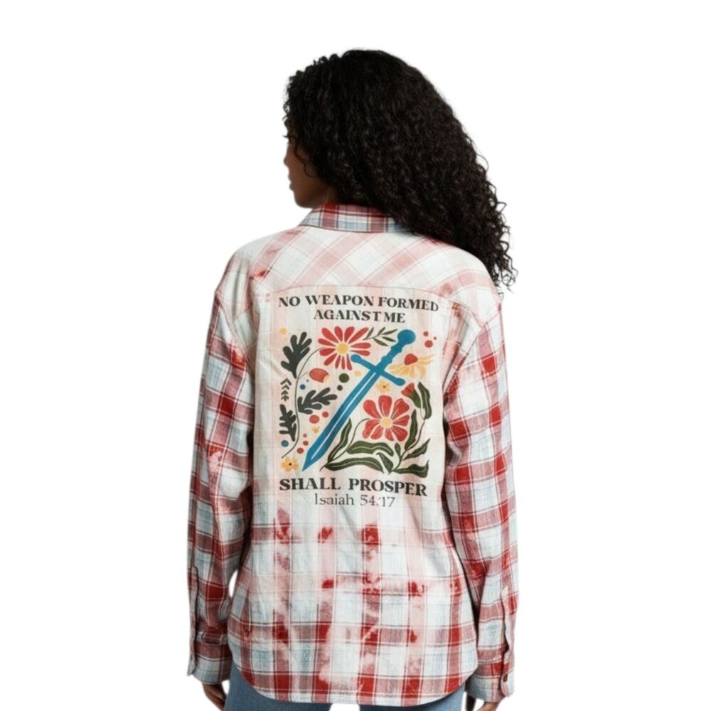 No Weapon Formed Against Me Shall Prosper Repurposed Christian Theme Plaid Shirt - Picture 5 of 5